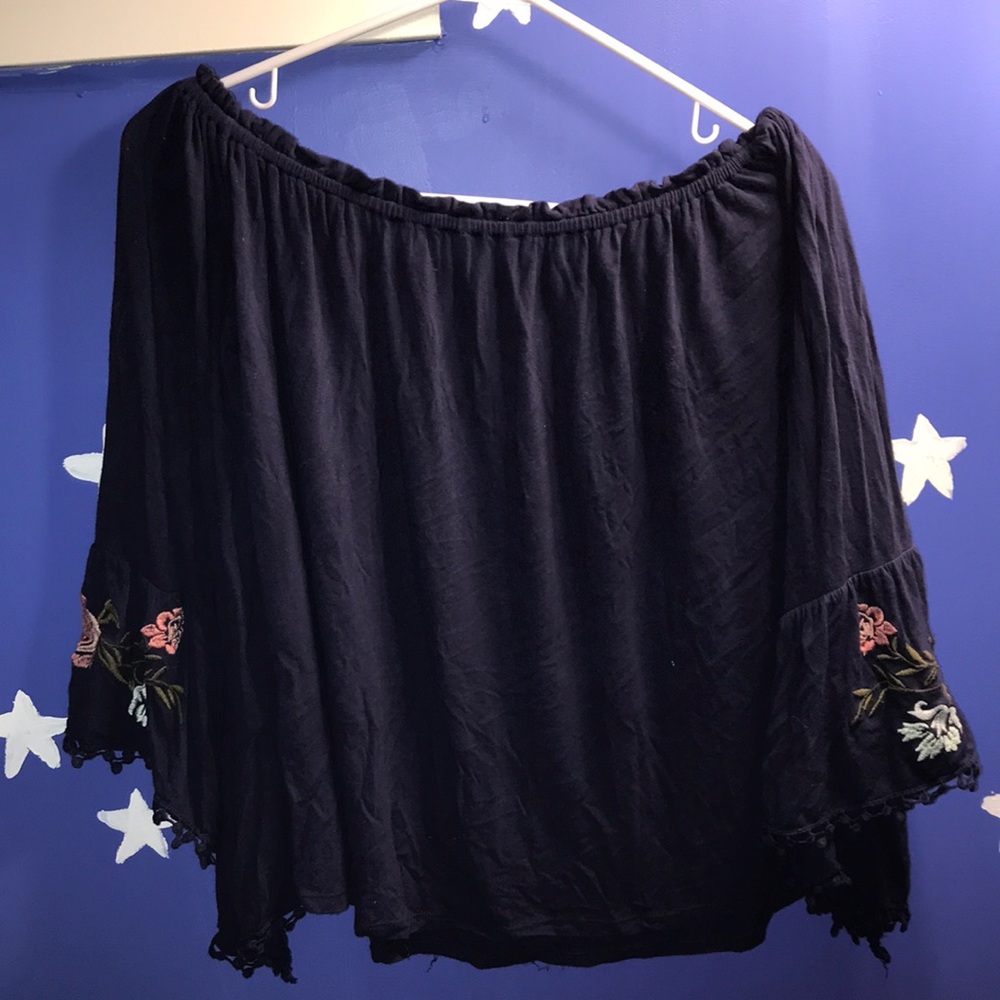 Off The Shoulder Navy Blouse With Floral Sleeves